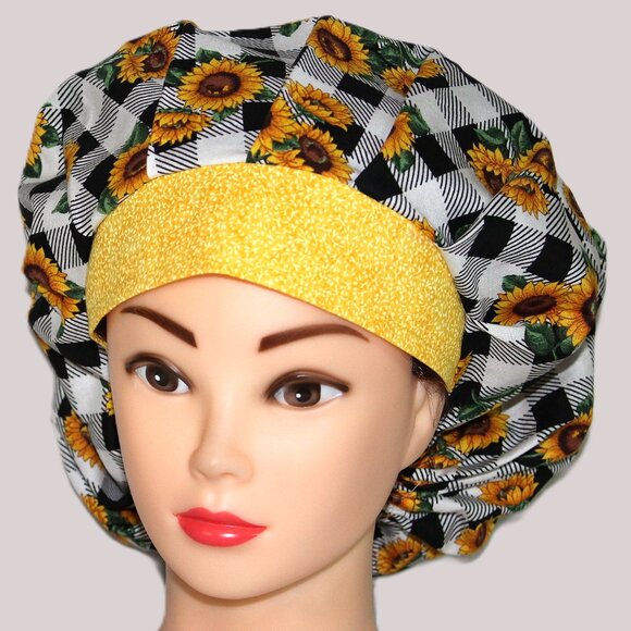 Womens Buffalo Plaid Sunflowers Bouffant Scrub Cap, Handmade NWOT - Picture 3 of 7